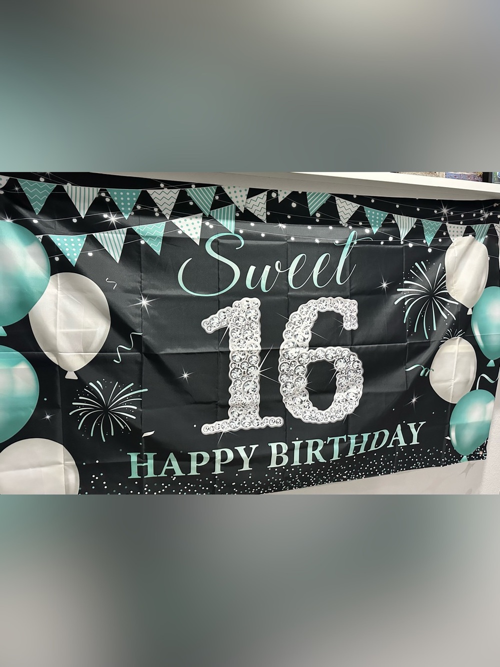 Sweet 16 Happy Birthday Banner - Black and Mint
